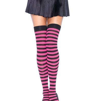 Leg Avenue 6005 Women's Black & Pink Striped Nylon Thigh High Socks - One Size